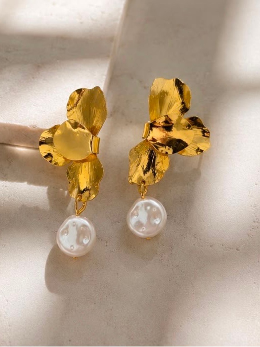 Gold Floral Petal Earrings with Pearl Drops
